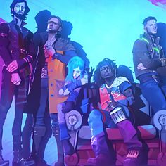 the group of people are standing together in front of a blue and purple background with neon lights