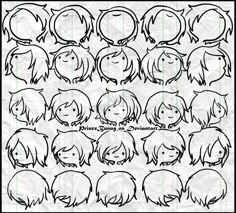 an anime character's face with different expressions and hair styles, drawn on paper