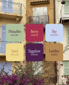 several different types of windows and shutters in front of a building with purple flowers