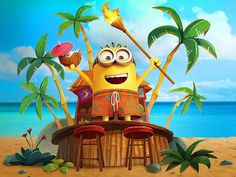 a cartoon character sitting on top of a wooden barrel in front of the ocean with palm trees