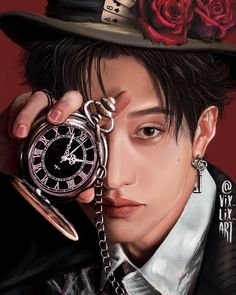 a painting of a man with a clock in his hand and roses on top of him