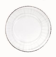 an empty white plate with silver trim on the rim and bottom, against a white background