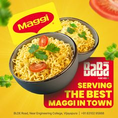 two bowls of noodles with tomatoes and parsley on the side for maggi's