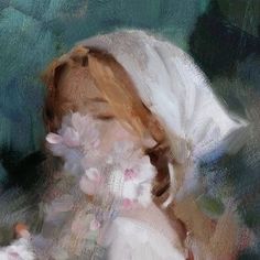 a painting of a woman with flowers in her hair, wearing a white dress and holding a pink flower