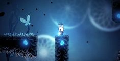 an animated video game scene with blue lights and black objects in the background, including a white bird