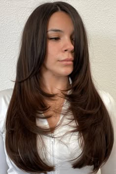 This long hairstyle has subtle layers that frame the face and start at the collarbone, gently getting shorter towards the ends. This helps show off the natural movement of the hair. The deep brown color adds depth and warmth, bringing out the smooth texture and giving it a full yet stylish look. It's a - Click to see more of Achieve a Fresh Look with These 30 Face-Framing Layered Haircut Styles for Long Hair and follow us for more hairstyle ideas. // Photo Credit: Instagram @hairbabyangel Face Framing With Long Layers, Face Framing Layers Long Hair Straight Haircuts, Long Layered Haircut With Face Framing Layers, Haircut Long Layers Face Framing, Front Layers Long Hair Face Framing Straight, Rounded Long Layers With Face Framing Pieces, Long Layers With Slight Face Framing, Brown Hair Long Layers Face Frame, Long Brown Hair With Layers Face Framing Straight