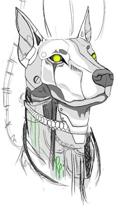 a drawing of a dog with yellow eyes and a collar around it's neck