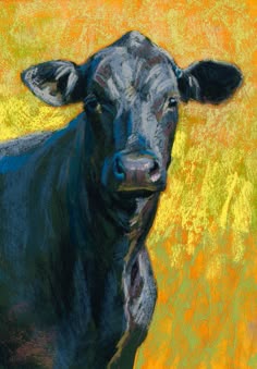 a painting of a black cow standing in front of a yellow background