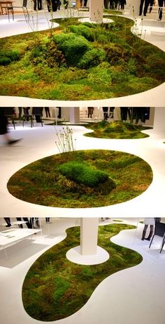 three different views of the inside of a building with grass growing on it's sides