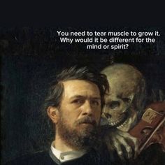 a man holding a violin in front of a painting with a skull on it's back