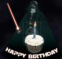 a star wars birthday card with a darth vader holding a lit candle in front of a cupcake