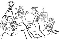 a black and white drawing of people celebrating