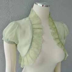 Wedding Bolero Shrug Green Meadow Chiffon  With  Lace Trim All Sizes Available Custom Made Vintage Style Embroidery, Bolero Wedding, Lace Bolero, Green Wedding Dresses, Lace Flower Girls, Crochet Woman, Flower Girl Dress Lace, Flower Girl Dresses Tulle, Chiffon Fabric