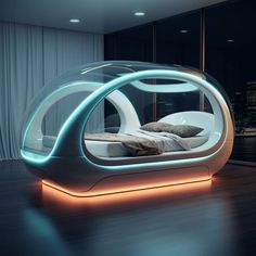 a futuristic bed is lit up in the dark
