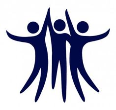 three people holding hands in the air with their arms around each other, symbolizing teamwork