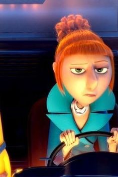 an animated character driving a car with another character in the back seat behind it, both looking at something