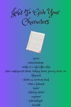 a notepad with the words jobs to give your characters written on it and an image of a notebook