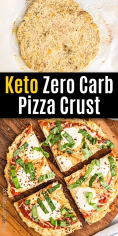 the keto zero carb pizza crust is cut into four pieces