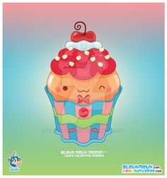 an image of a cartoon cupcake with cherry toppings on it's top
