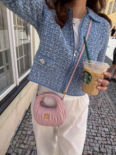 outfit ootd pink miu miu bag iced coffee style inspo lifestyle fashion summer spring liu jo jacket daily walk luxury life aesthetic vibes parisian chic french casual elegant city living preppy elegant #fashion #style #outfit #oktd #miumiu #luxury #handbag #coffee Miu Miu Jacket Outfit, Miu Miu Aesthetic Outfits, Pink Bag Outfit, Miu Miu Outfit Aesthetic, Pink Bag Style, Pink Purse Outfit, Miu Miu Bag Aesthetic, Mauve Purse Outfit, Pink Chanel Outfit