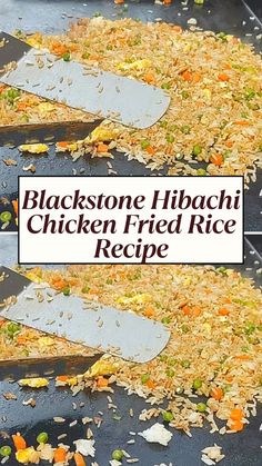 two pictures showing how to cook black stone hibachi and chicken fried rice recipe