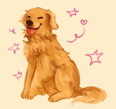 a drawing of a golden retriever dog with stars around it's neck and tongue