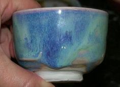 a person is holding a blue and white cup in their hand with the other hand