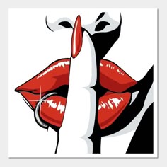 a painting of a woman's face with red lips and nails on her finger