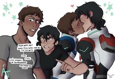 three young men standing next to each other and one is kissing the other's cheek