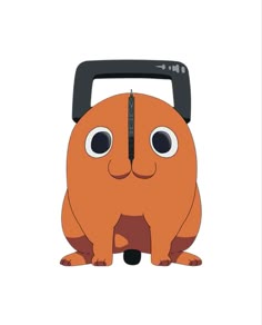 an orange dog with big eyes and a black handle on it's head is sitting down