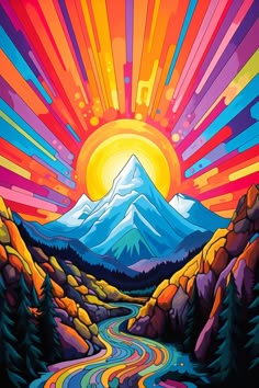 a painting of a mountain with a road going through it and the sun in the background