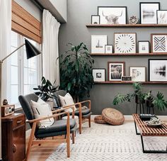 a living room filled with furniture and lots of pictures on the wall above it's coffee table