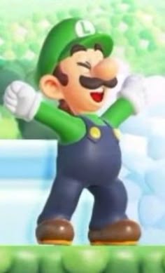 an image of a mario running in the snow with his arms up and eyes closed