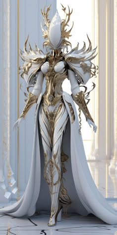 a white and gold costume is shown in this image