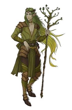 an elf with long green hair holding a stick and standing next to a tree branch