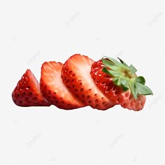 three strawberries with green leaves on top and one half cut in half, against a white background