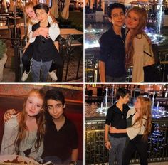 four different pictures of people posing together at night