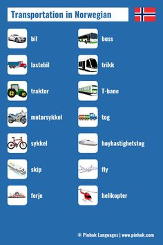 the different types of transportation in norwegian are shown on this blue background with white lettering