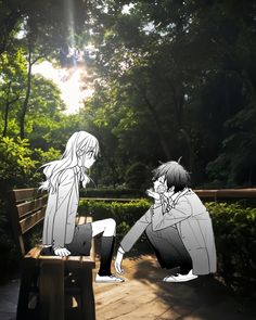 two anime characters sitting on a bench in the park, one looking at his phone
