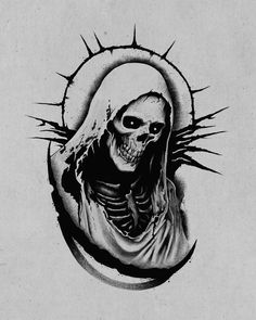 a black and white drawing of a skeleton in the middle of a circle with spikes coming out of it