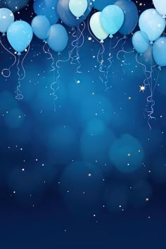 blue and white balloons are floating in the air on a dark blue background with stars