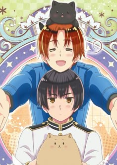 two anime characters with cats on their shoulders, one is holding the other's head