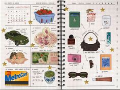 an open notebook with various items on it
