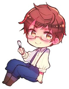 a boy with glasses and suspenders is holding a cell phone in his hand while sitting on the ground