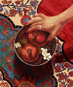 a painting of a hand holding a bowl with fruit in it on a floral table cloth