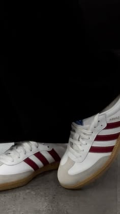 Sambas, samba, adidas, adidas samba, red, cherry red, dark red, sneakers #adidas #adidasshoeswomen #samba #adidassambas #sambaclassic #red #redaesthetics Casual Outfit Ideas With Sneakers, Classic White And Red Sneakers, How To Style Retro Sneakers, Vintage Adidas Sneaker Style, White Adidas Sneakers With Red Stripes, Samba Cherry Red, Outfits With Red Sambas, Dark Red Sambas, Dark Red Adidas Sambas