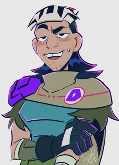 an animated character with purple hair and blue eyes, holding a book in his hands