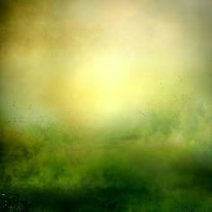 an abstract painting with green grass and yellow sky in the background, as well as water droplets