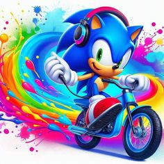 sonic the hedgehog on a motorcycle with colorful paint splatters around him and headphones in his ears