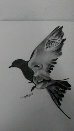 a pencil drawing of a bird flying with its beak open and eyes wide open in front of it